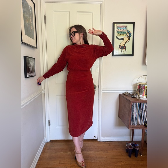 30s Vintage Orange  Velvet Long Sleeve Dress - Picture 2 of 12